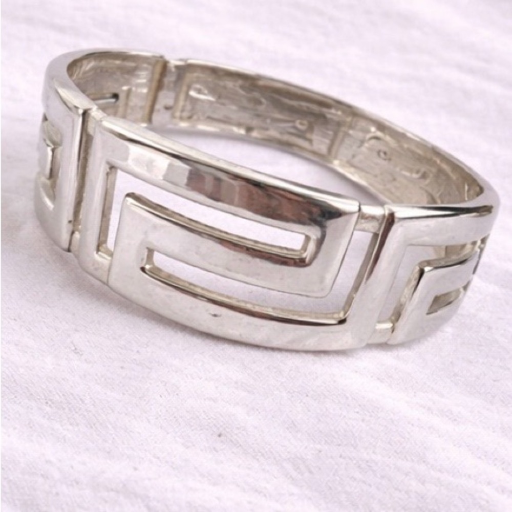 Vintage Silver Tone Geometric Hinged Cuff Bracelet Statement Modernist - Picture 3 of 5